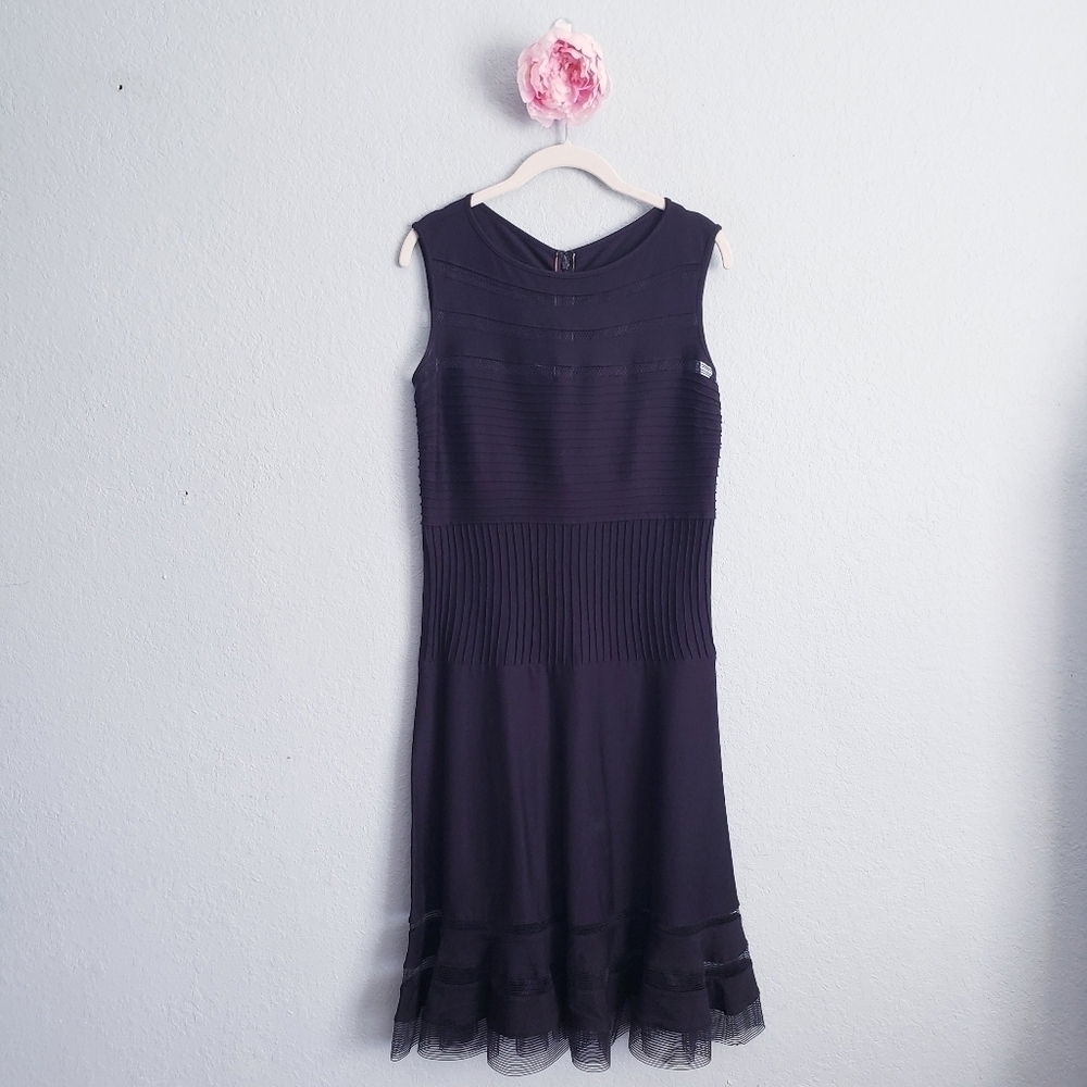 Tadashi Shoji Black Mesh Illusion Stripe Fit And Flare Dress